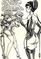 Hot brunette mistress in black and white porn comics gets high punishing her poor victims badly