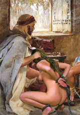 Chained slaves suck cock in front of their naked mistress!