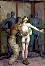 Prisoner being tortured, tied up, stick to the skin and nails fire